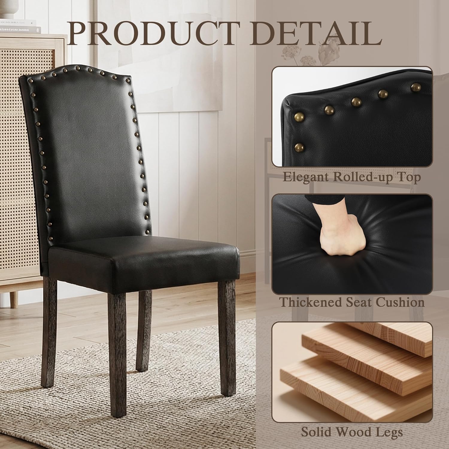 LSSBOUGHT PU Dining Chair Set of 2 Upholstered Parsons Kitchen Chair with Copper Nails and Solid Wood Legs for Dining Room,Restaurant(Black)
