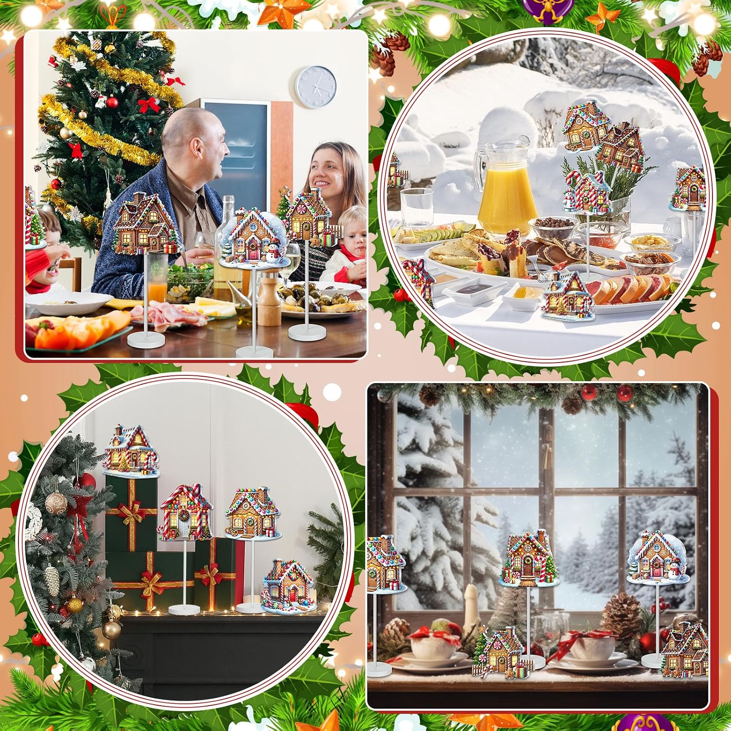 Geelin 10 Pcs Christmas Gingerbread Table Decoration Gingerbread House Decor Christmas Centerpiece for Tables Gingerbreads Theme Tabletop Gift for Xmas Holiday Desk Home Office Party Supplies Decor