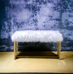 White Faux Fur Gold Bench: Modern Armless Lounge Seat - 21" Height 300lb Capacity - Entryway Bedroom Living Room Accent Furniture