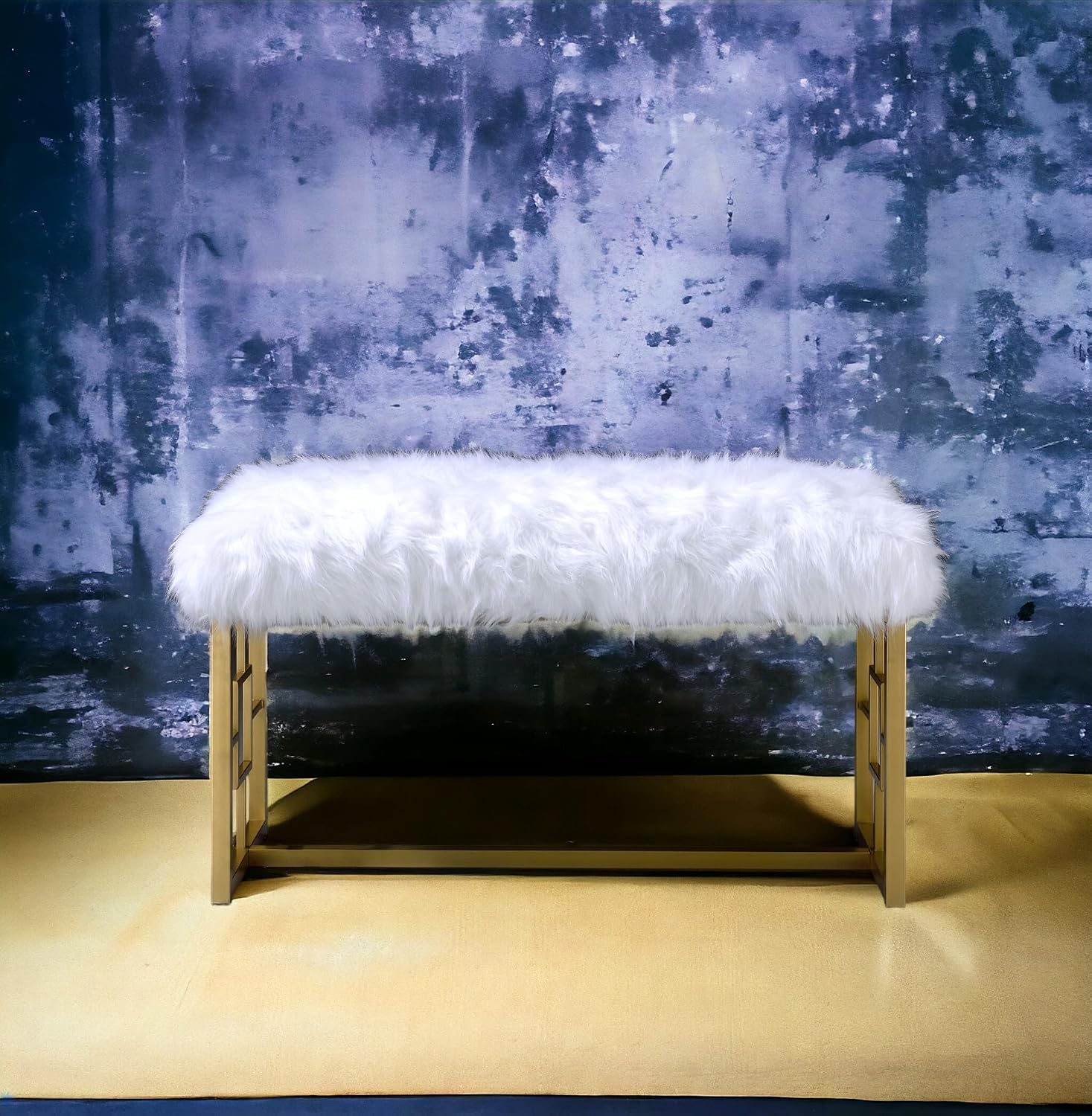White Faux Fur Gold Bench: Modern Armless Lounge Seat - 21" Height 300lb Capacity - Entryway Bedroom Living Room Accent Furniture