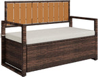 IDEALHOUSE Outdoor Storage Bench with Cushion, PE Rattan Patio Bench with Backrest, Armrests and Metal Frame, Waterproof Deck Box Seat for Porch, Backyard & Poolside, Dark Brown