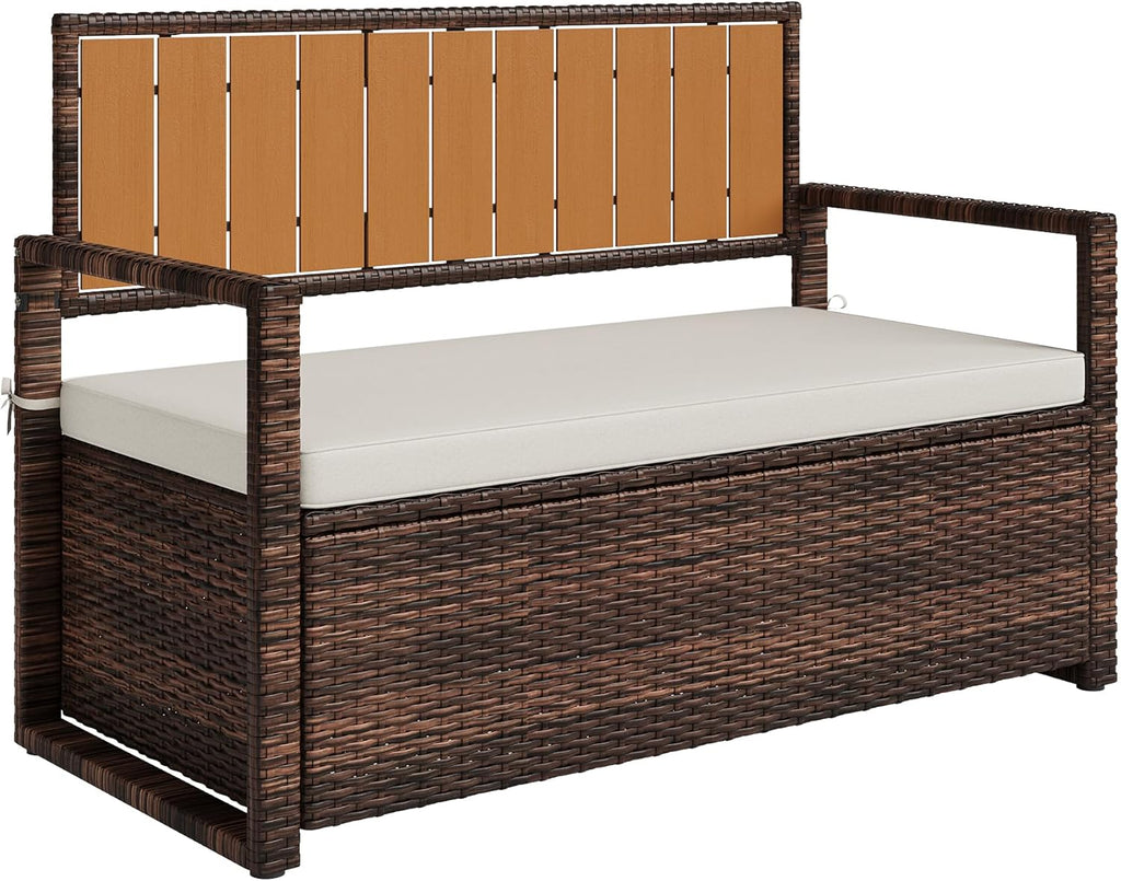 Litake Outdoor PE Rattan Storage Bench with Cushion – Iron & Plastic Wood Frame, Waterproof Fabric Seat – for Patio, Garden, Porch – Yellow or Dark Brown Rattan