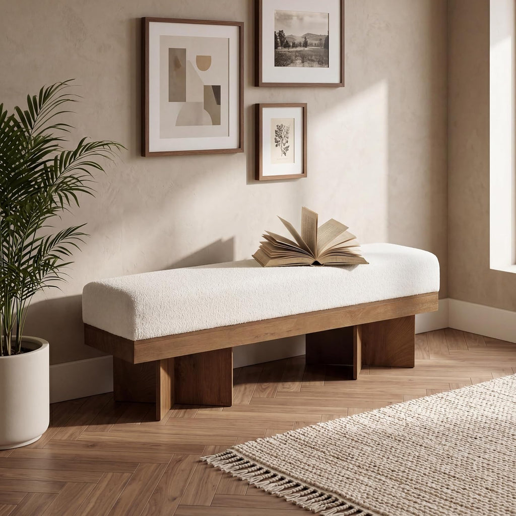 LITTLE TREE 55" Entryway Bench with Faux Lamb Wool, Upholstered Bench with X-Legs, for Living Room, Bedroom, or Foyer (White & Light Walnut)