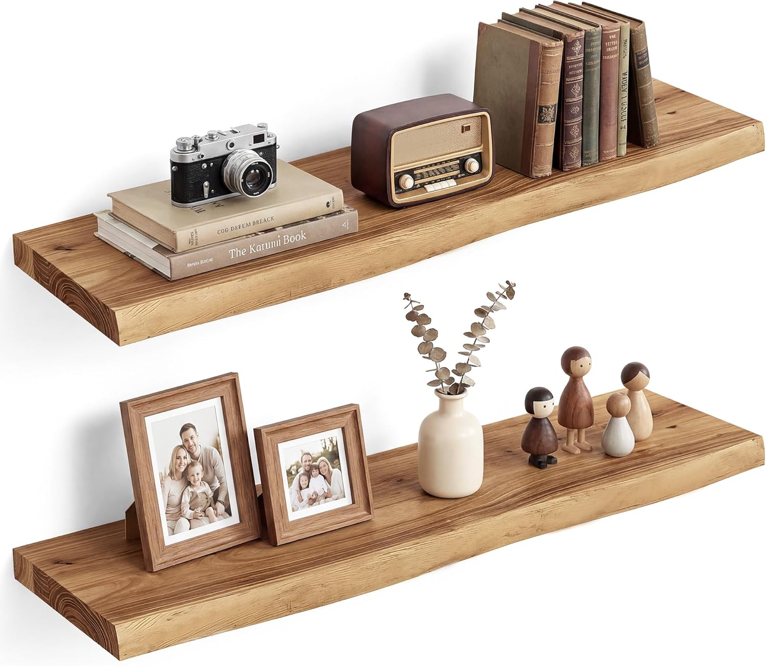Vivelove Live Edge Floating Shelves Solid Wood, Elm Shelves for Wall with Invisible Bracket for Living Room Bedroom Bathroom Office Book, Rustic Farmhouse Wooden Shelf, 32 Inch Set of 2- Natural