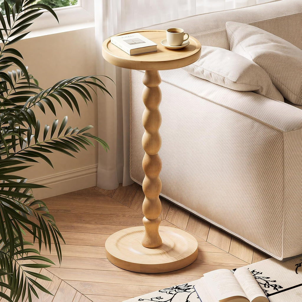 Round Side Table, Small End Table for Small Spaces with Solid Wood Leg, Accent Nightstand, Coffee Table for Living Room, Bedroom, Conference Room, Hallway, Home Office, Natural Wood Color