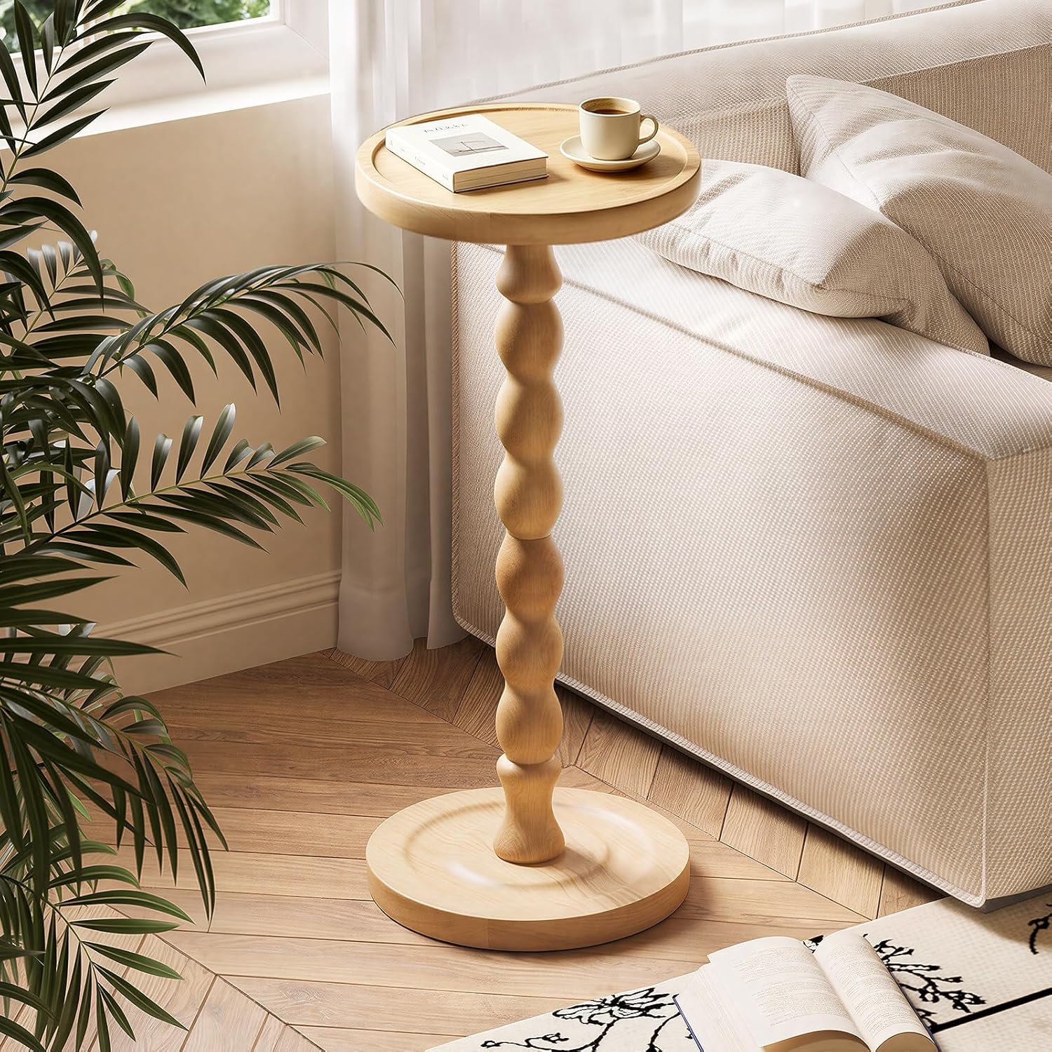Round Side Table, Small End Table for Small Spaces with Solid Wood Leg, Accent Nightstand, Coffee Table for Living Room, Bedroom, Conference Room, Hallway, Home Office, Natural Wood Color