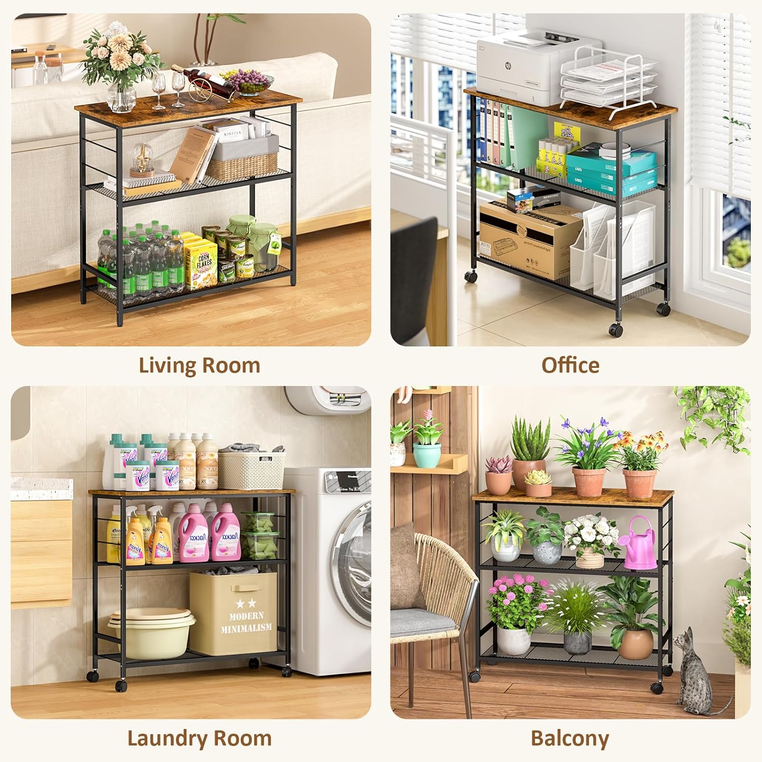3 Tier Rolling Kitchen Microwave Cart, 33 Inch Microwave Table Stand with Adjustable Shelf, Kitchen Storage Island Utility Cart on Lockable Wheels, Bakers Rack Coffee Bar for Living Room, Office