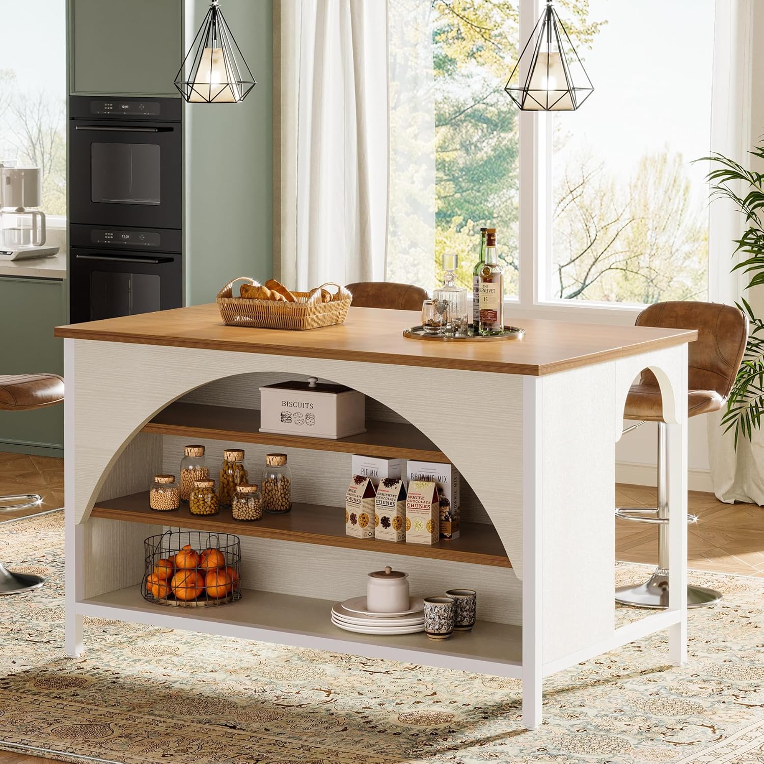 Tribesigns Kitchen Island with 3 Storage Shelves, 55" W Kitchen Shelf with Large Countertop and Seating Area, Modern Wooden Coffee Bar Table (White)