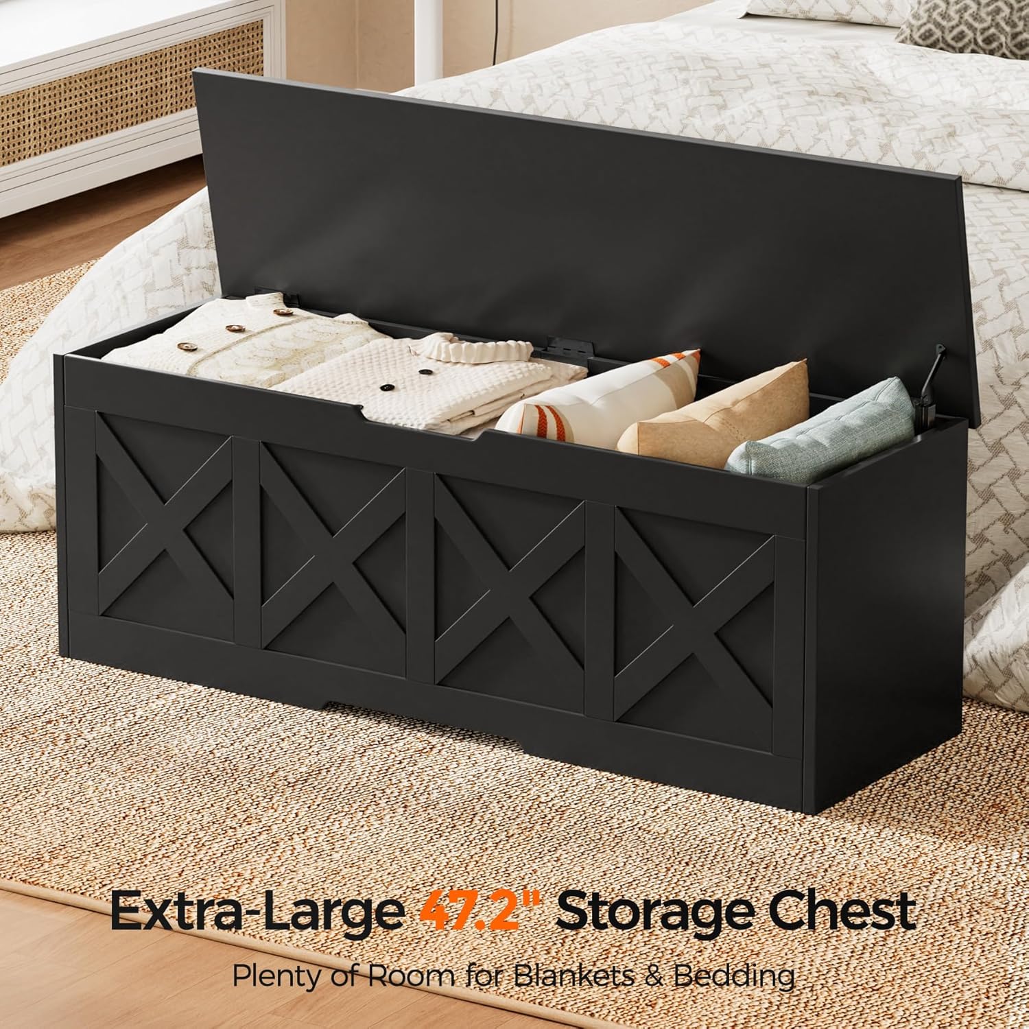 Homleke 47.2" Extra-Large Wooden Storage Chest – Farmhouse Toy Box, Entryway Bench, Bedroom Storage, Safety Hinge, Easy Assembly, Black