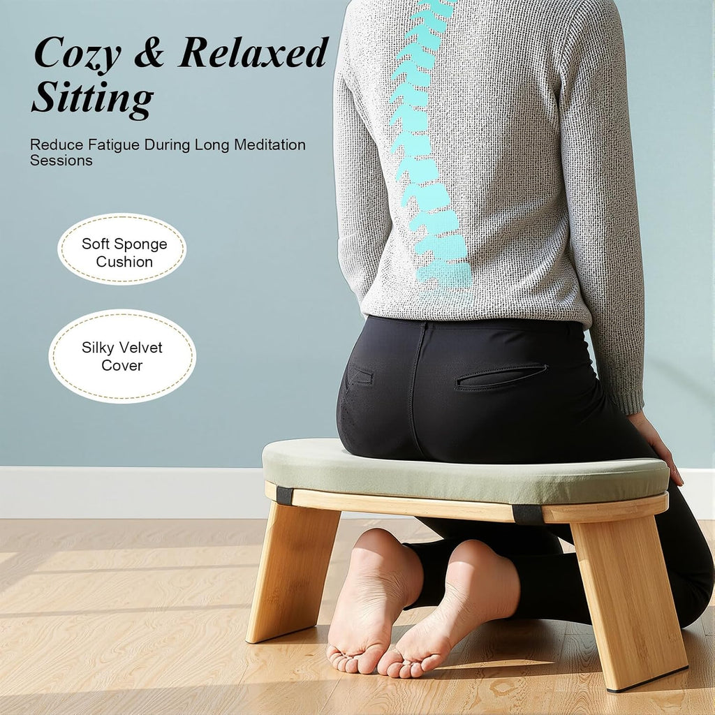 Meditation Stool, Foldable Bamboo Kneeling Bench with Velvet Cushion, Ergonomic Yoga Seat with 5° Forward Tilt, Portable Floor Chair for Seiza and Lotus, High Weight Capacity 397 Lbs, Wood Color