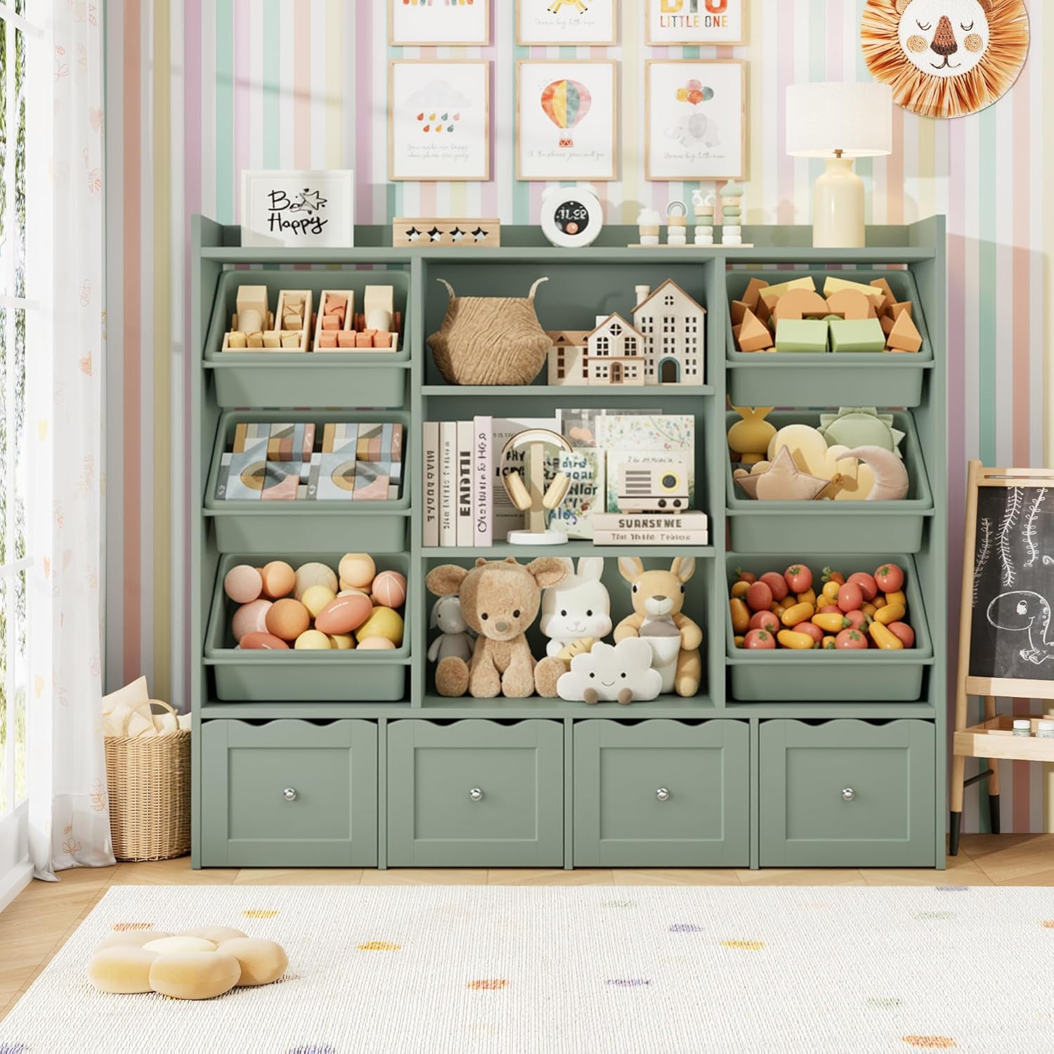 HITHOS 55" W Kids Toy Storage Organizer, Large Toy Box with Bookshelf, Toy Chest with 3 Cubes Storage Organizer, 6 Toy Organizers and Storage Bins, 4 Rolling Drawers for Kids Room, Playroom, Green
