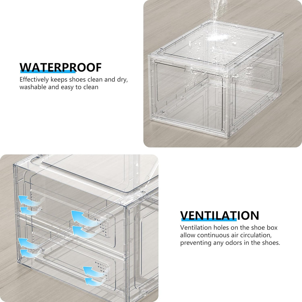 XX-Large Clear Shoe Storage Boxes with Magnetic Door, Thickened Stackable Shoe Organizer 12 Pack, Sneaker Display Case for Closet Organization & Entryway Storage, Dust-Proof Space Saving System, White