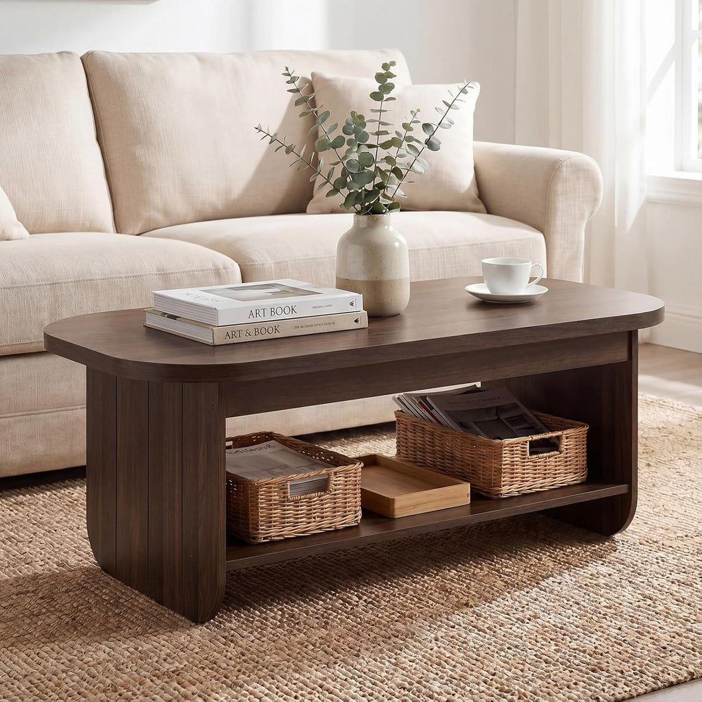 Giantex Oval Coffee Table, 47" Mid Century Modern Center Table with Storage Shelf & Round Corner, 2-Tier Accent Cocktail Tea Table, Wood Coffee Table for Living Room, Small Spaces (Espresso)