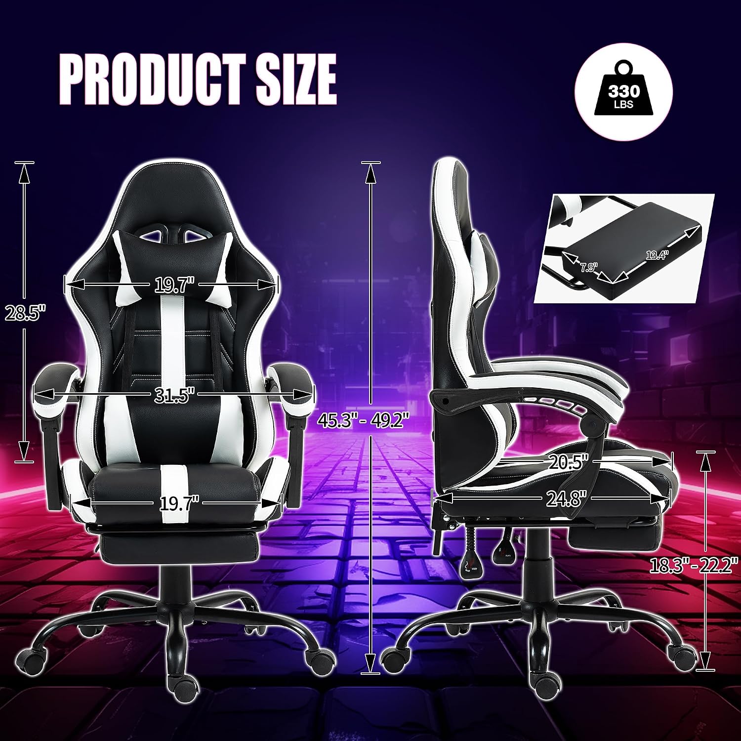 Massage Gaming Chair with Footrest, Ergonomic PU Leather Computer Chair w/Headrest and Lumbar, Height Adjustable, 360° Swivel Desk Office Chair, White