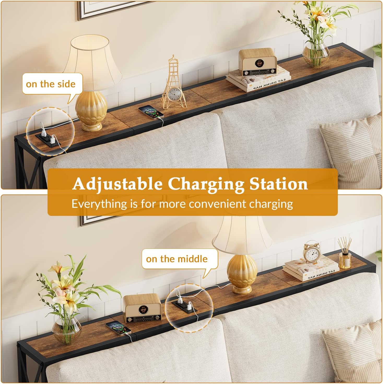 Gewudraw Console Table with Oulets and USB Ports, 55.1" Sofa Table Behind Couch, Industrial Long Skinny Stand for Hallway, Living Room, Bedroom, 6.5 Feet Power Cord, Rustic Brown