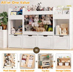 63"W Toy Storage Organizer, 132L Stuffed Animal Holder with 4 Rolling Drawers, 3-Tier Kids Bookshelf and 2 Storage Cubes, 4-in-1 Plush Toy Shelf for Playroom, Toddler Bookcase for Nursery, White