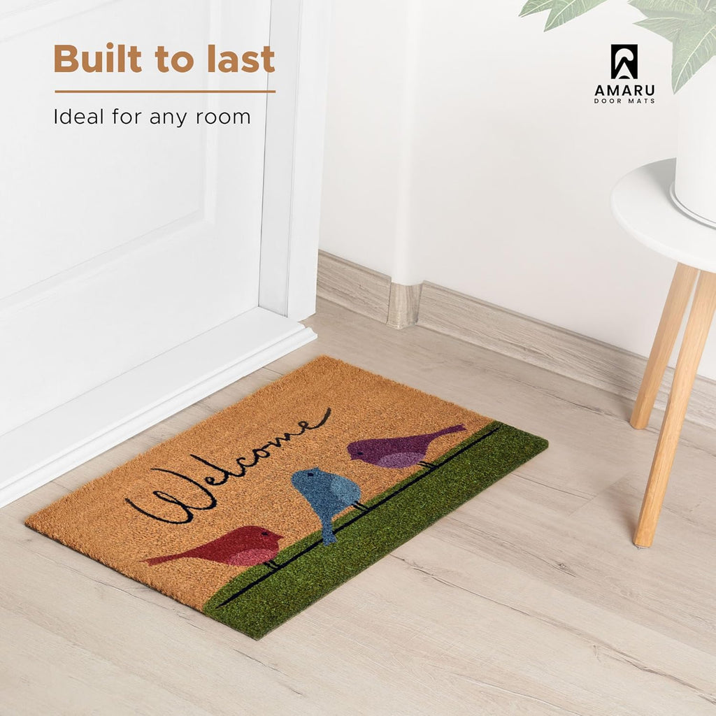 Colorful Birds - 17"x29" - Coir Door Mat with Heavy Duty Backing - Welcome Mats for Entryway, Porch - Anti-Slip PVC & Coconut Fiber Surface - Natural Home Accessories, Minimalist Original Design
