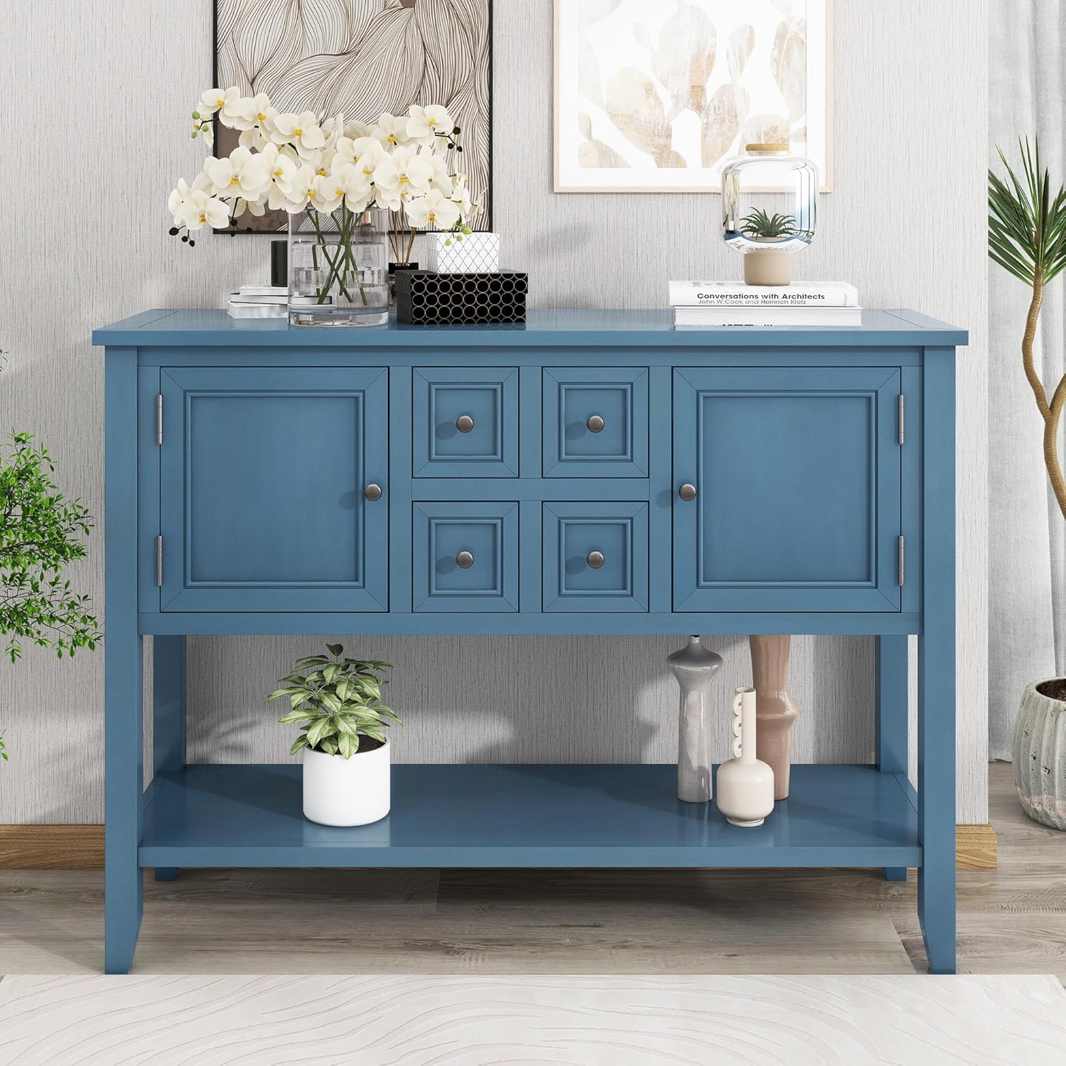 P PURLOVE Console Table Buffet Sideboard Sofa Table with Drawers Cabinets and Bottom Shelf (Light Navy)