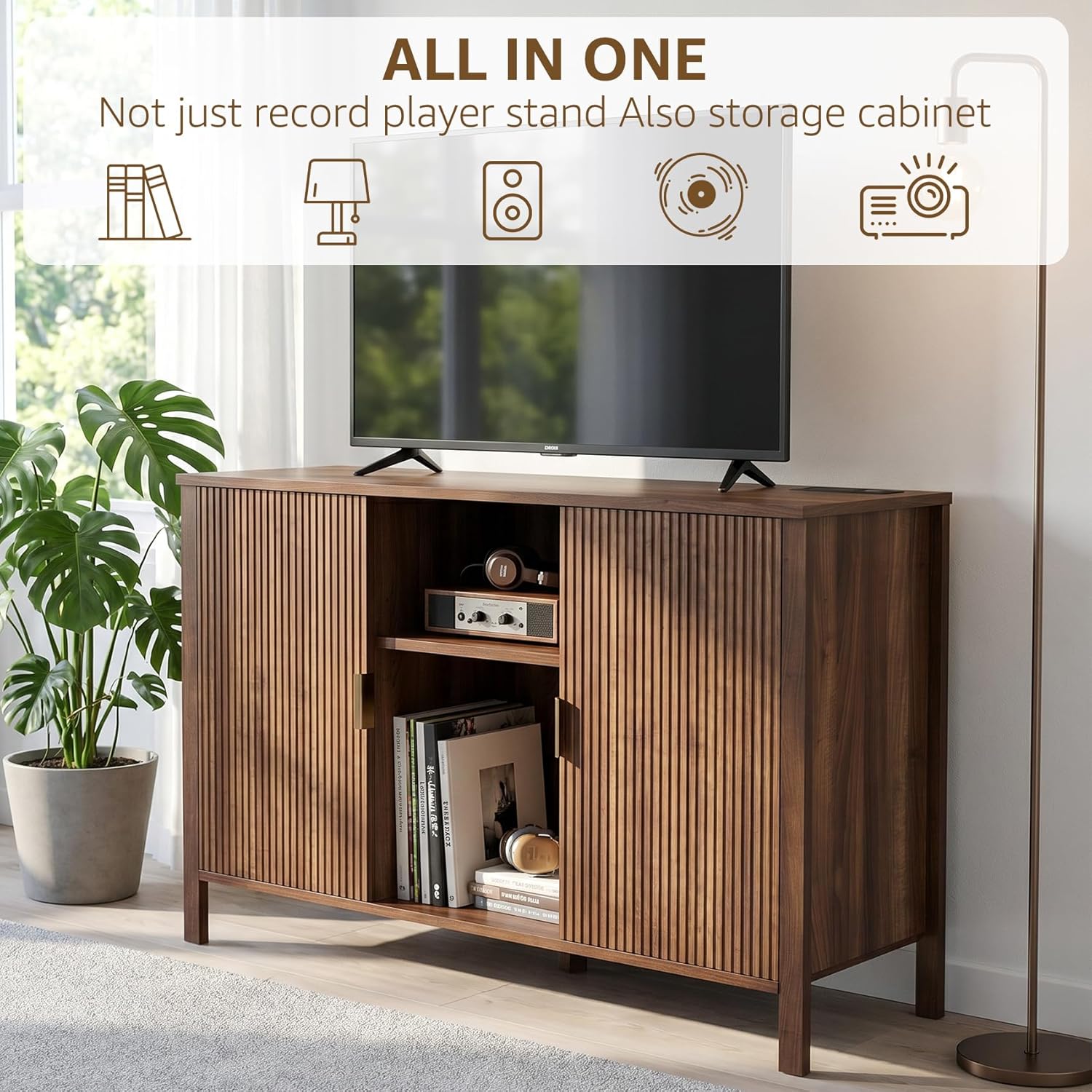 Record Player Stand with Vinyl Storage Cabinet, Turtable Stand Table with Charging Station, Side Table for Living Room, Holds Up to 350 Albums, Walnut, 47.3”x15.7”x31.1”H