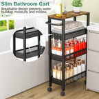 Vivihomety Utility Slim Storage Cart with Wheels, 4 Tier Small Rolling Cart with Wood Top, Metal Kitchen Bathroom Laundry Room Organization Trolley with Handle for Narrow Space – Black