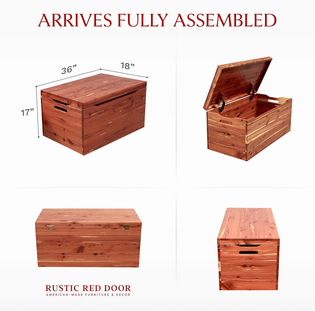 Amish Made Wooden Storage Chest Trunk Box with Lid and Handles for Bedroom, Blanket, Clothes, Anti-Slam Hinges, Handmade, Rustic, Cedar Wood, Natural Stain, 36"