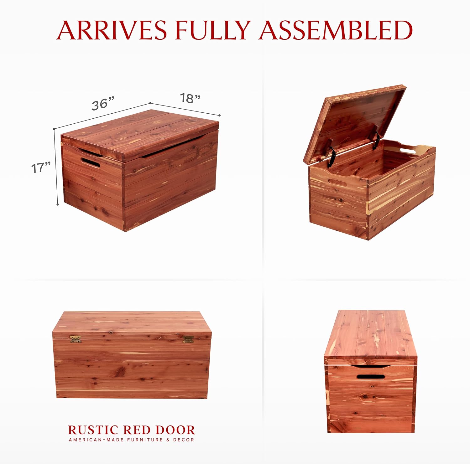 Amish Made Wooden Storage Chest Trunk Box with Lid and Handles for Bedroom, Blanket, Clothes, Anti-Slam Hinges, Handmade, Rustic, Cedar Wood, Natural Stain, 36"