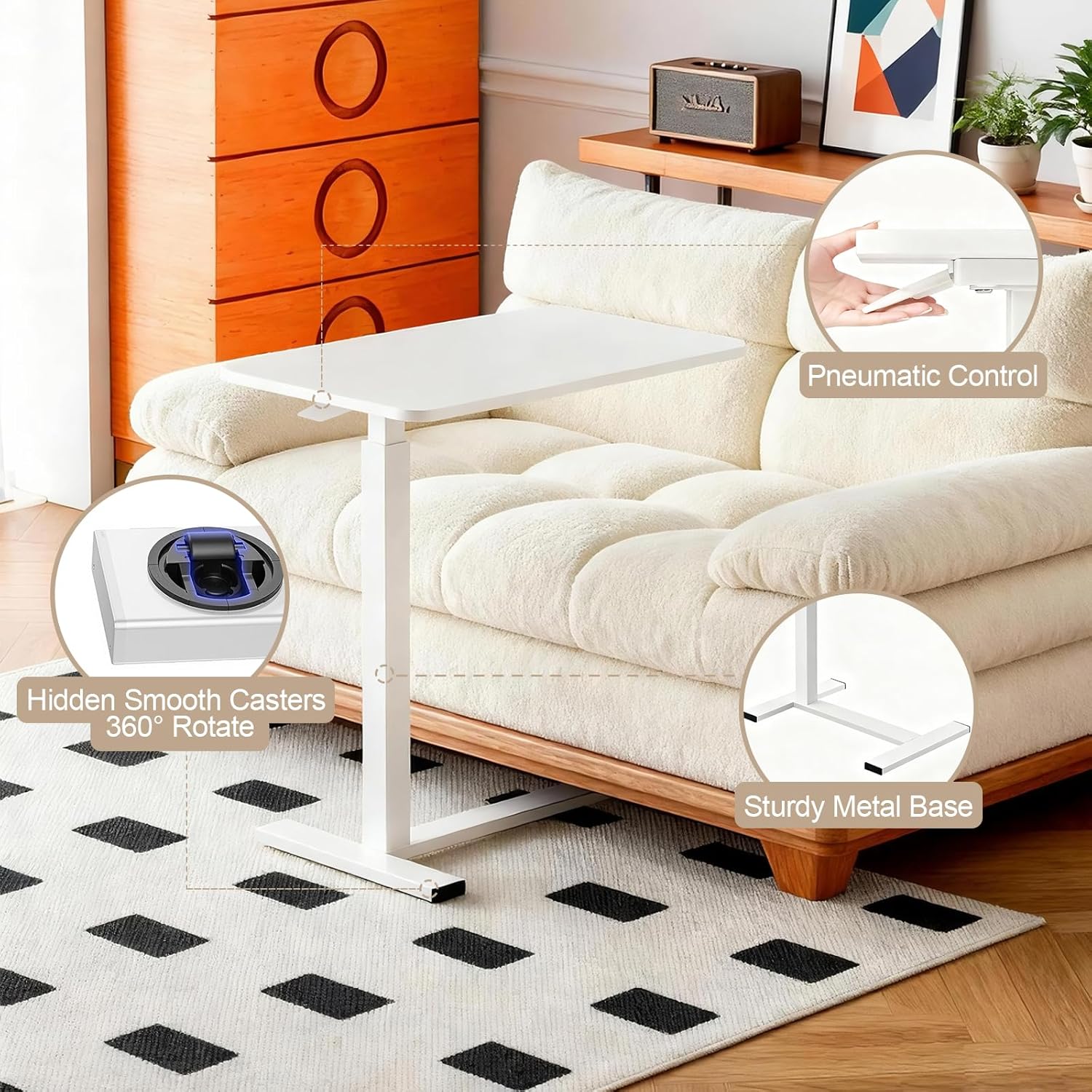 Pneumatic Adjustable Height C-Shaped End Table,Slides Under Furniture, Hospital Bed Table Side Table for Sofa & Bedside, Hidden Wheels for Small Spaces(15.8''Wx31.5'D'x37.1''H,White)