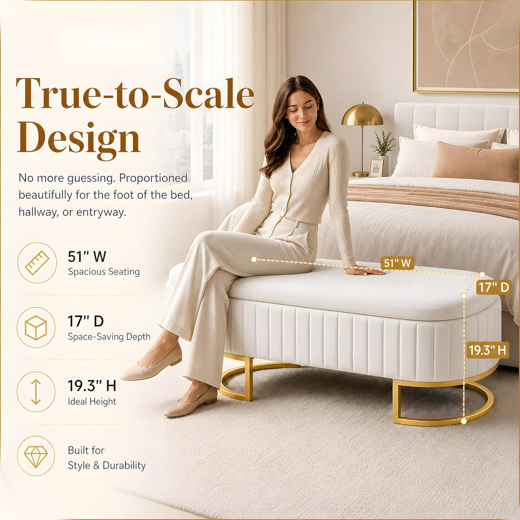 50.5" Velvet Storage Bench for Bedroom, Queen Size End of Bed Bench with Gold Legs, Modern Glam Channeled Tufted Ottoman Bench for Entryway, Living Room, Window Seat, Beige