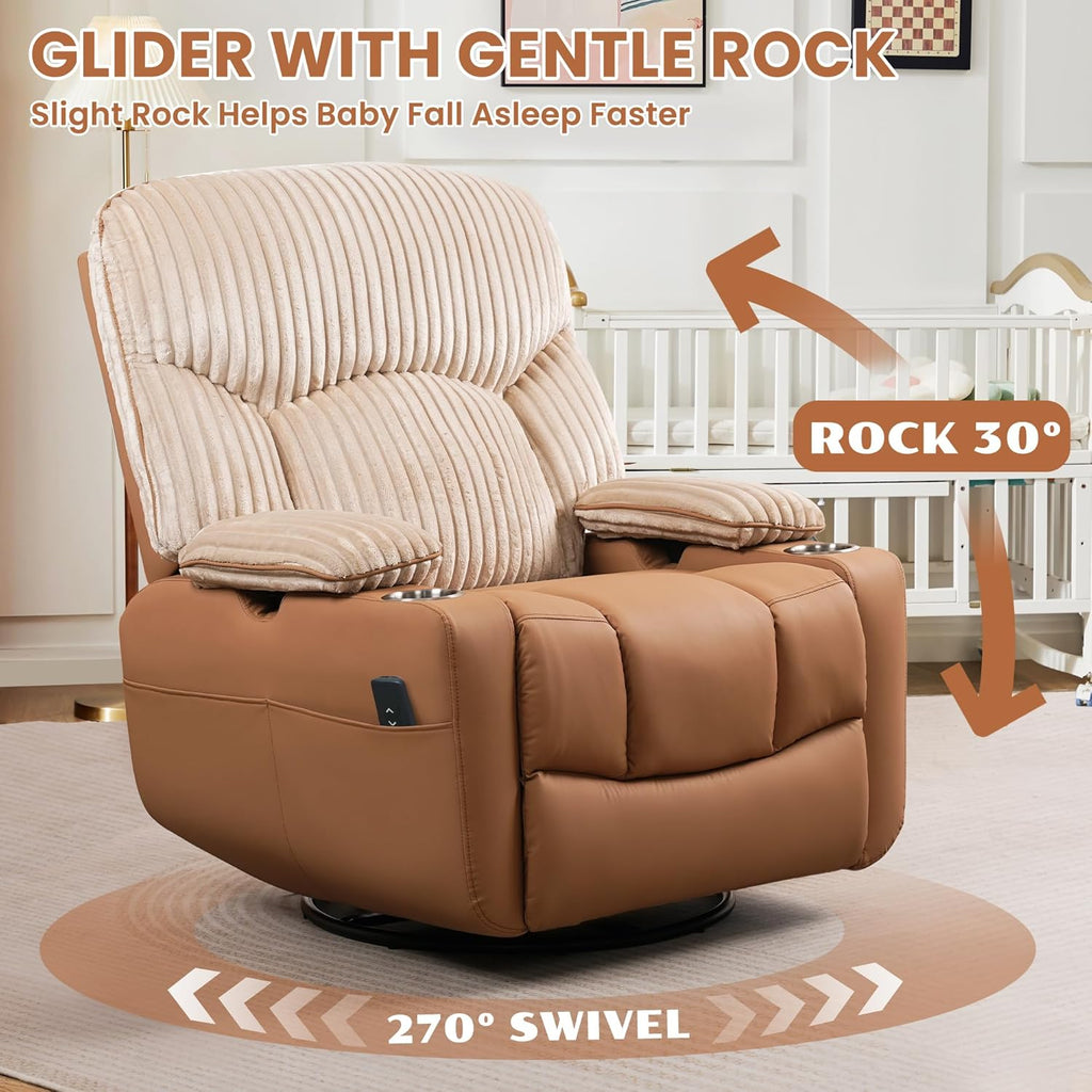 SUNWAVE Power Nursery Rocking Chair with Adjustable Armrests, Nursing Chair with USB, Cup Holders, Swivel Rocker Recliner with Corduroy and PU Leather Fabric