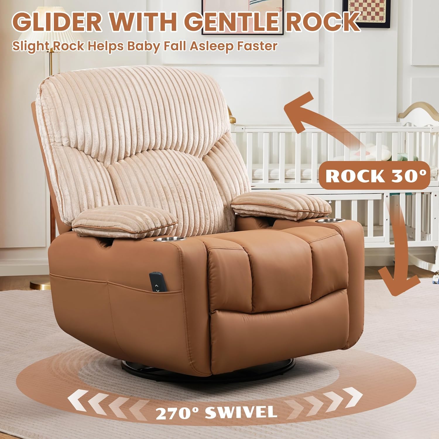 SUNWAVE Power Nursery Rocking Chair with Adjustable Armrests, Nursing Chair with USB, Cup Holders, Swivel Rocker Recliner with Corduroy and PU Leather Fabric