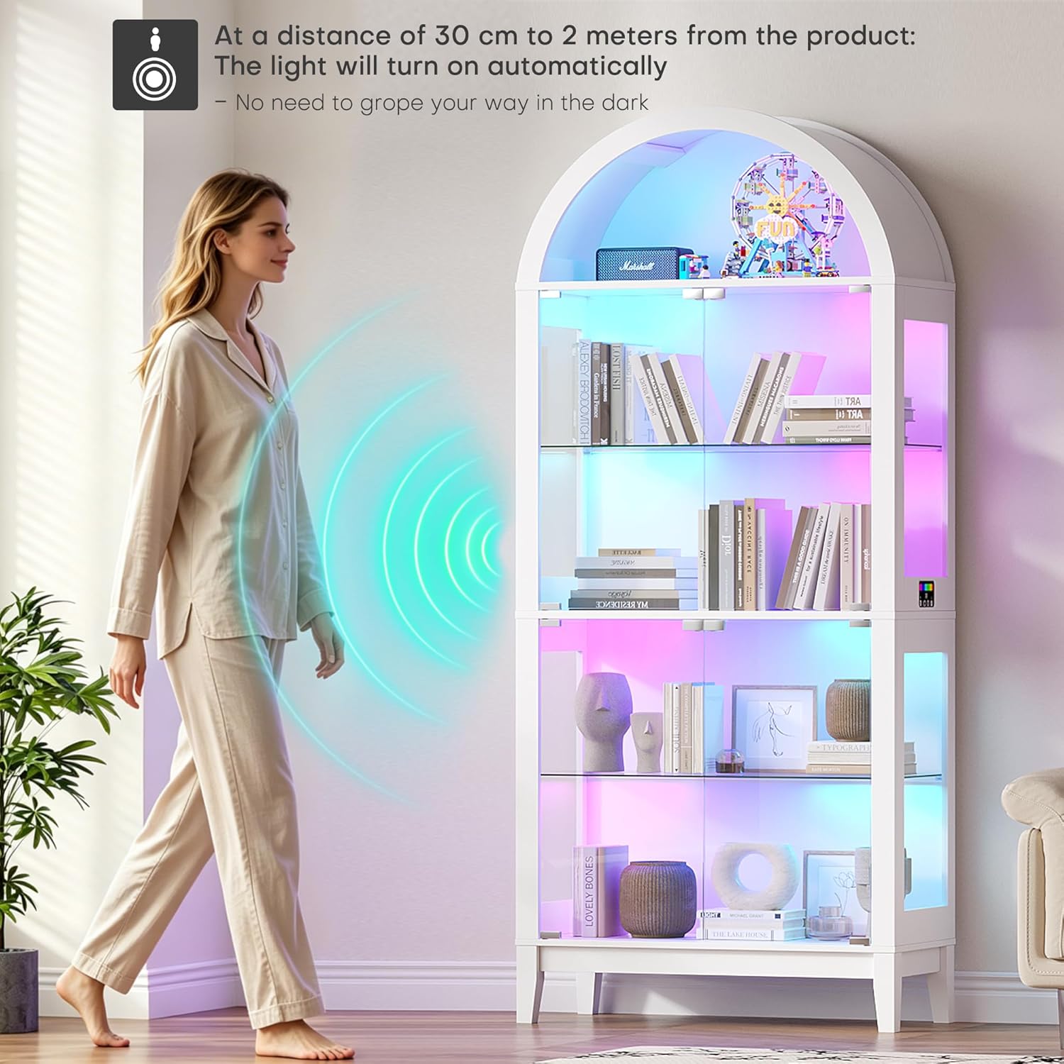 WOOVIVS Glass Display Cabinet with RGB Lights, 69" Tall Curio Cabinet with Rebound Tempered Glass Door, 5-Tier Adjustable Display Case for Living Room (White)