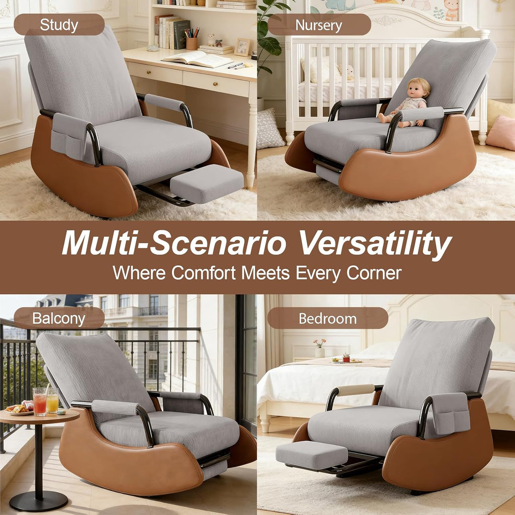 Rocking Chair Nursery, Comfortable Upholstered Recliner Rocker with Foot Rest, Side Pocket and Adjustable High Backrest, Soft Corduroy Modren Rocking Chair Living Room Bedroom, Grey
