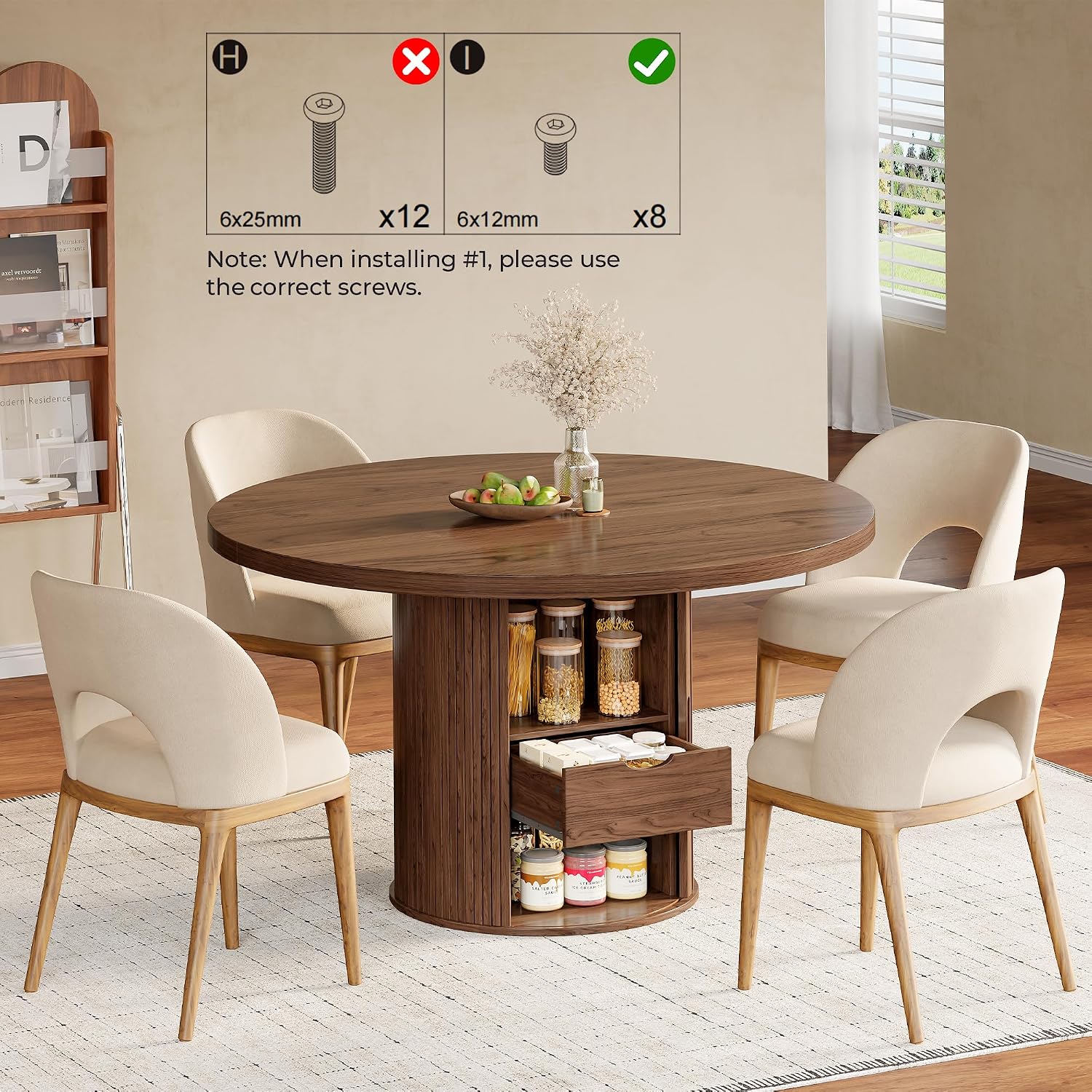 47 Inch Round Dining Table for 4-6, Farmhouse Kitchen Table with 2-Layer Storage Shelf & Drawer and Sliding Door, Sturdy Wooden Dining Table with Fluted Pedestal Base for Kitchen, Living Room, Walnut
