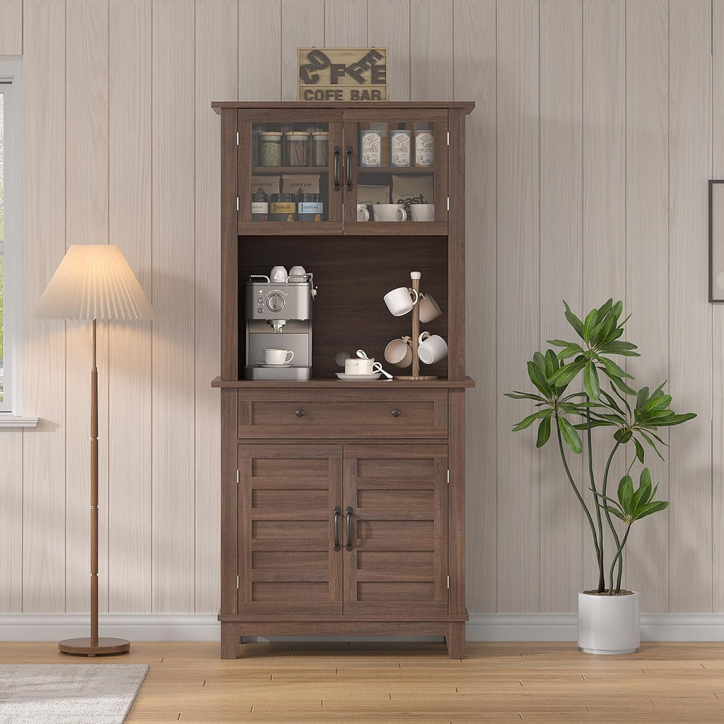 CAIBHOME Modern Kitchen Pantry Storage Cabinet, 72" Tall Coffee Bar Cabinet with 1 Large Storage Drawer, Kitchen Hutch Bar Cabinets, Dining Room, Living Room, Brown