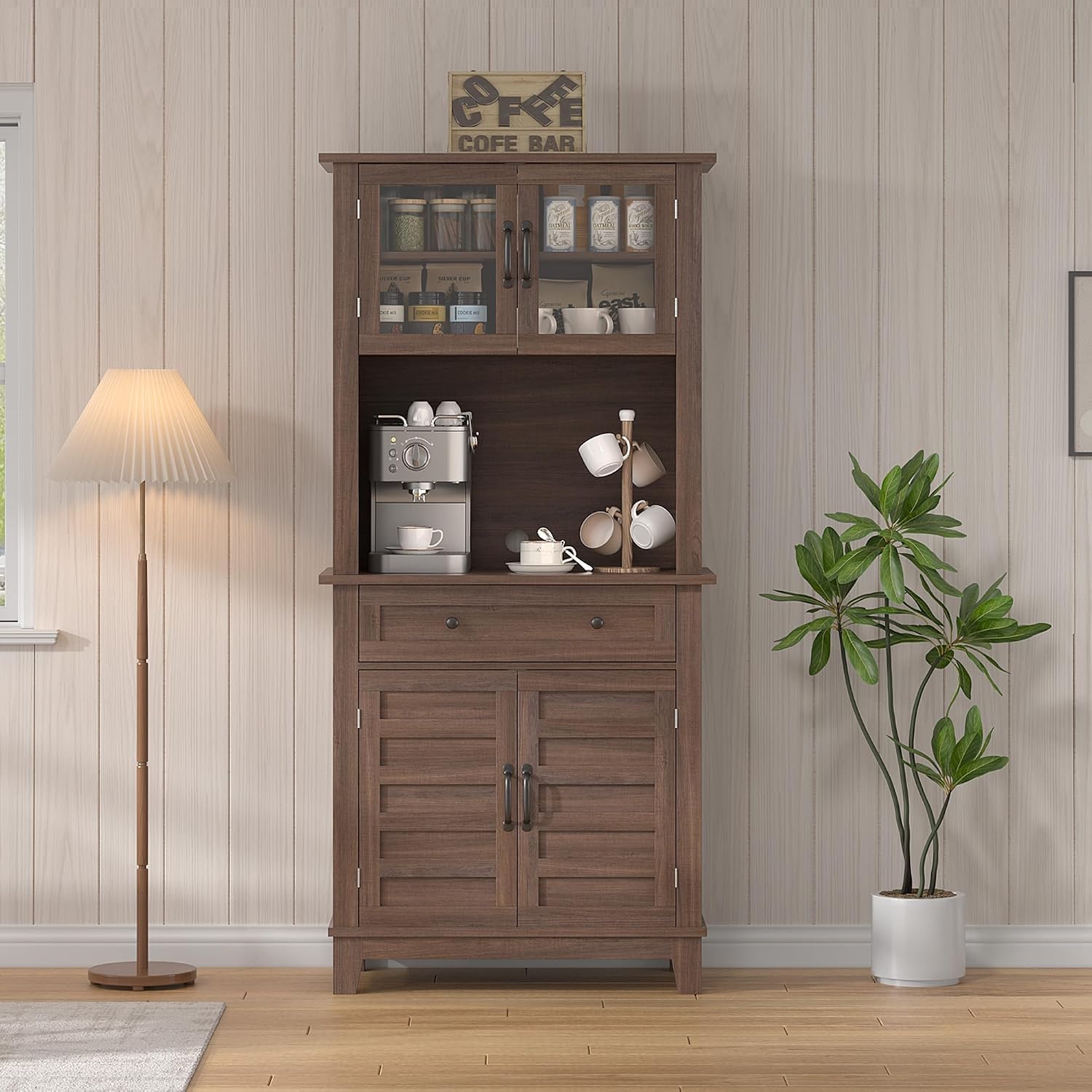 CAIBHOME Modern Kitchen Pantry Storage Cabinet, 72" Tall Coffee Bar Cabinet with 1 Large Storage Drawer, Kitchen Hutch Bar Cabinets, Dining Room, Living Room, Brown