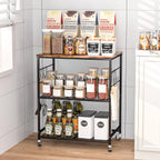 Abiglifty 3-Tier Rolling Kitchen Cart, Microwave Cart with Lockable Wheels, Kitchen Utility Cart, Mobile Microwave Stand with Storage for Living Room, Office, Balcony, Bathroom, Black