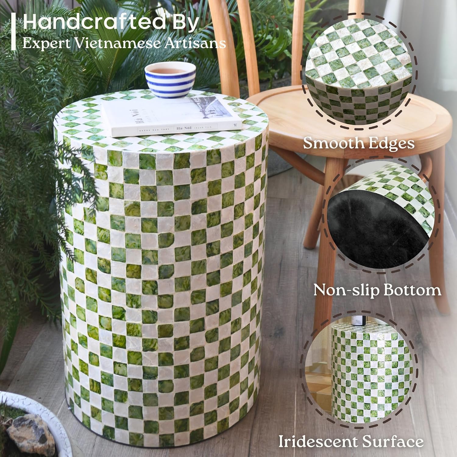 Chi An Home 19.3” Checkered Capiz Shells Drum End Table, Decorative Cylinder Side Table & Garden Stool, Round Pedestal Accent Table for Living Room, Bedroom, Indoor & Outdoor (Pistachio Green)