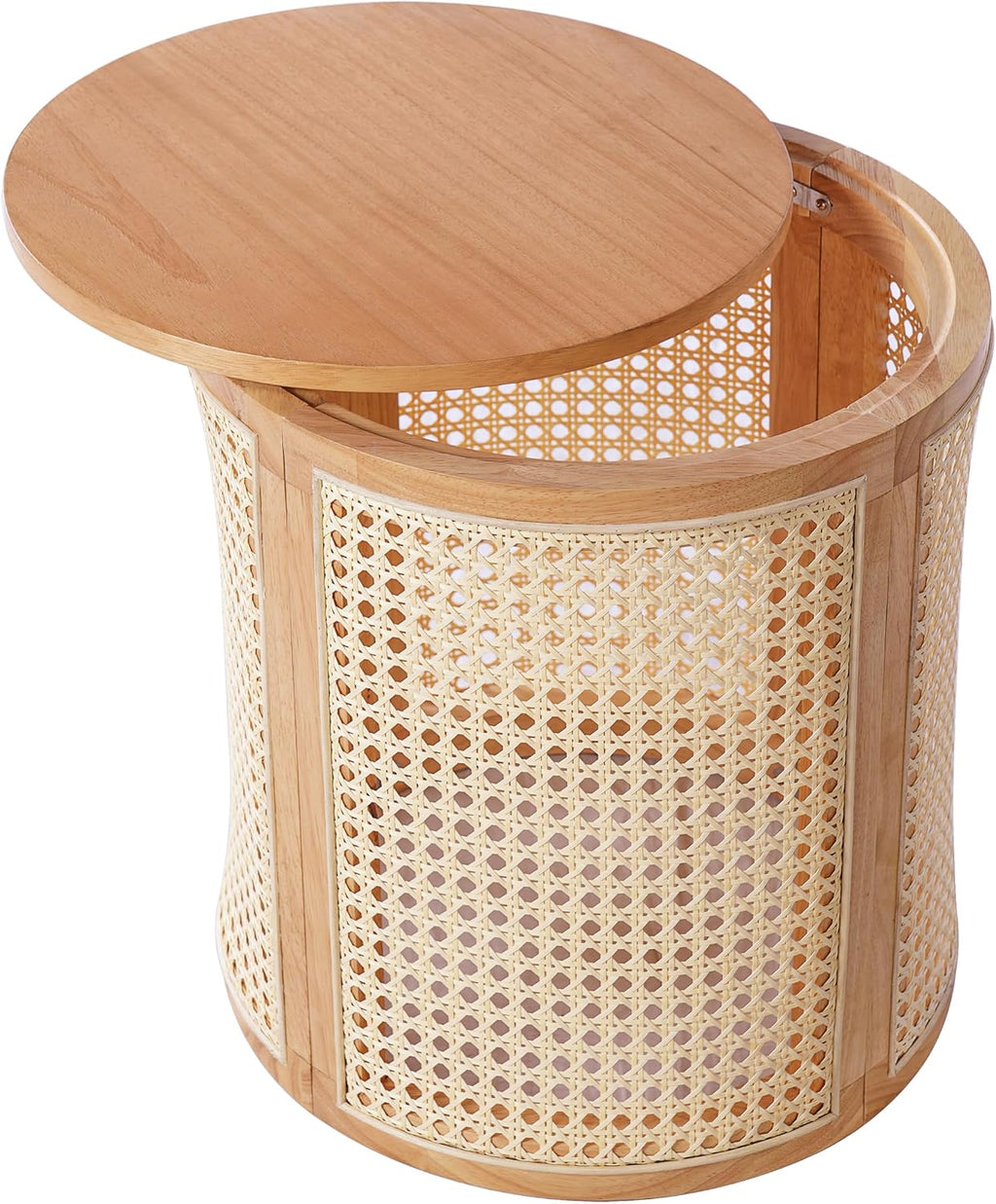 Merax 15.7" Round End Table Artistic Rattan Hollow Woven Accent Side Table, Rubber Wood Nightstand, Chic Home Decor for Living Room Bedroom, Easy Assembly, Natural Color