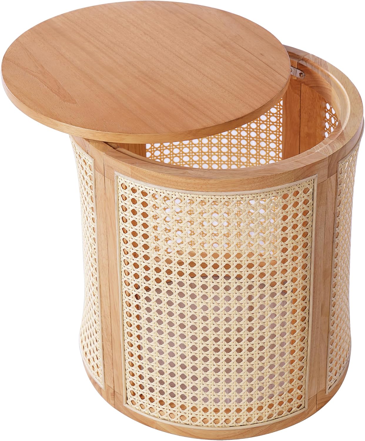 Merax 15.7" Round End Table Artistic Rattan Hollow Woven Accent Side Table, Rubber Wood Nightstand, Chic Home Decor for Living Room Bedroom, Easy Assembly, Natural Color