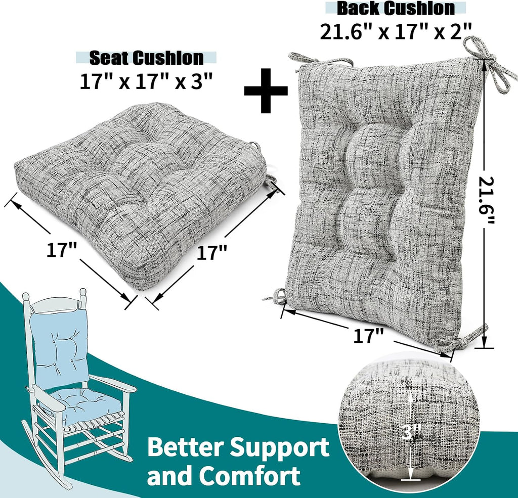 SINOSSO Rocking Chair Cushion Set with Thick Padding, Back Pillow & Seat Cushion with Ties, Modern Interwoven Style Indoor Living Room Rocker Chair Pads for Elderly Sitting, White-Gray