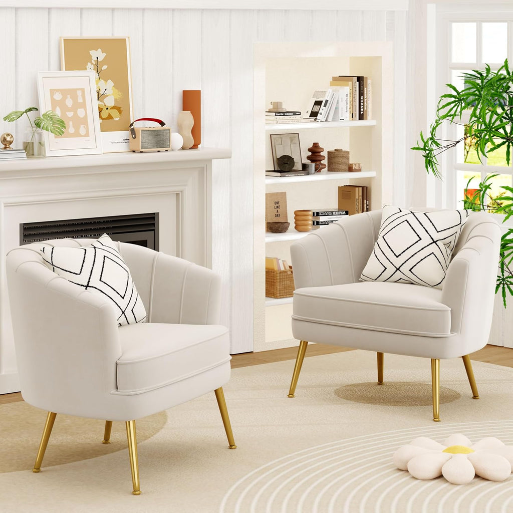 Andeworld Velvet Accent Chair Set of 2, Upholstered Modern Single Sofa Side Chair,Comfy Barrel Club Living Room Armchair with Golden Metal Legs for Bedroom Living Reading Room Office, Beige