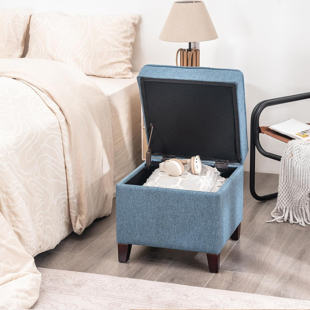 Linen Storage Ottoman with Wooden Legs, 17" Square Upholstered Flip-Top Footrest Stool, Extra Seat or Coffee Table for Living Room, Bedroom, Entryway, Blue
