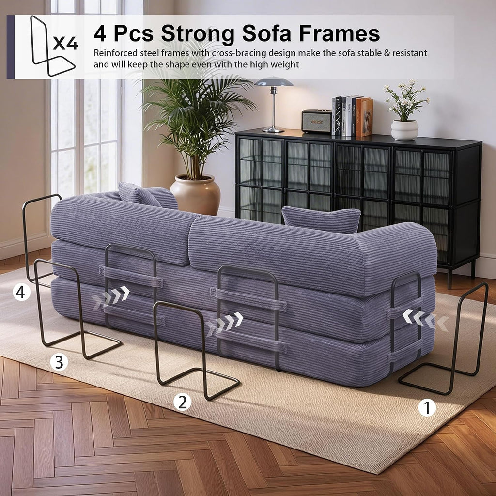 JJJ 78 inch Sofa Bed 4-in-1 Boneless Convertible Corduroy Sleeper Folding Couch with Fixed-Shape Frame and 2 Futons No Assemble Required 3 Seater Upholstered for Living Room (Gray, 78 inch)