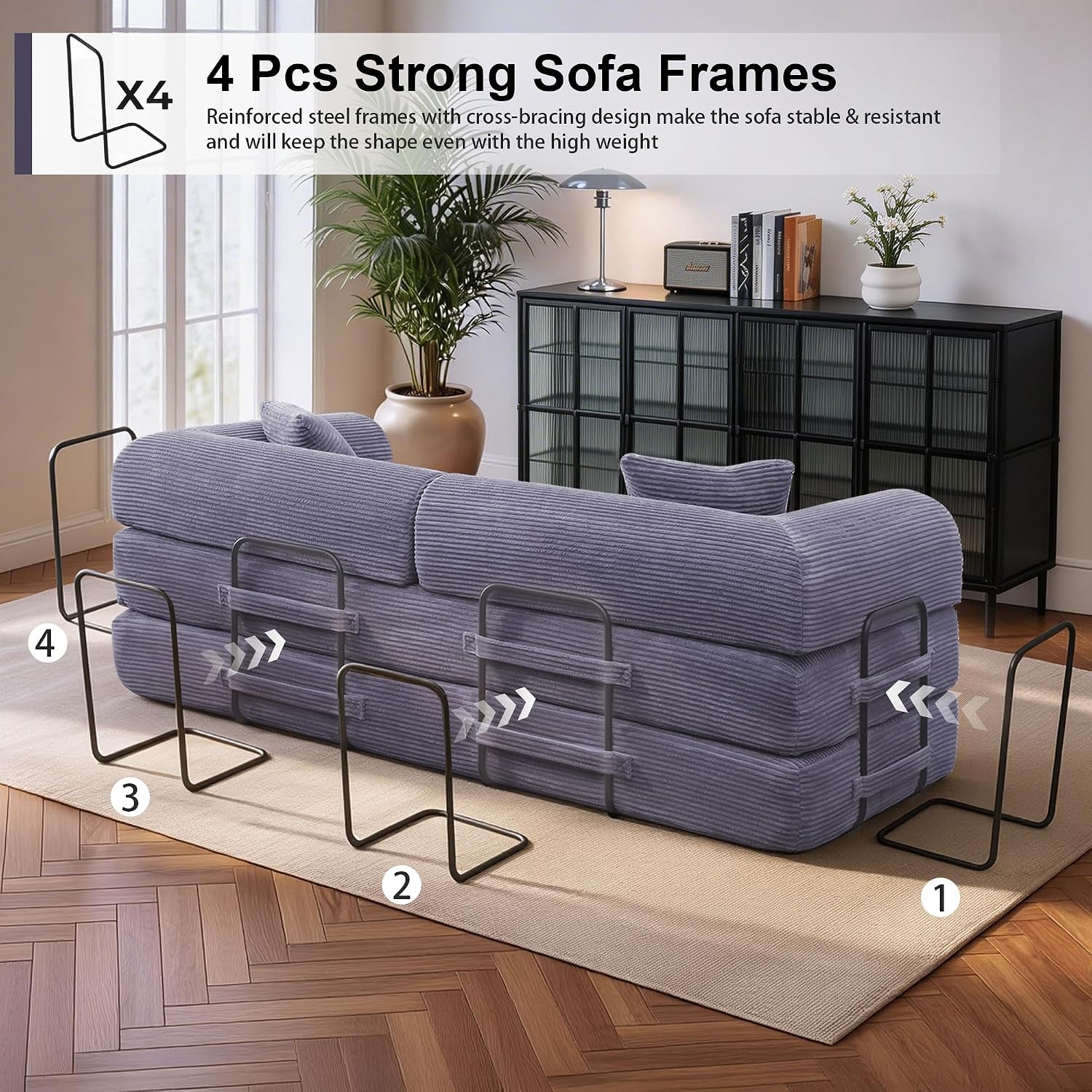 JJJ 78 inch Sofa Bed 4-in-1 Boneless Convertible Corduroy Sleeper Folding Couch with Fixed-Shape Frame and 2 Futons No Assemble Required 3 Seater Upholstered for Living Room (Gray, 78 inch)
