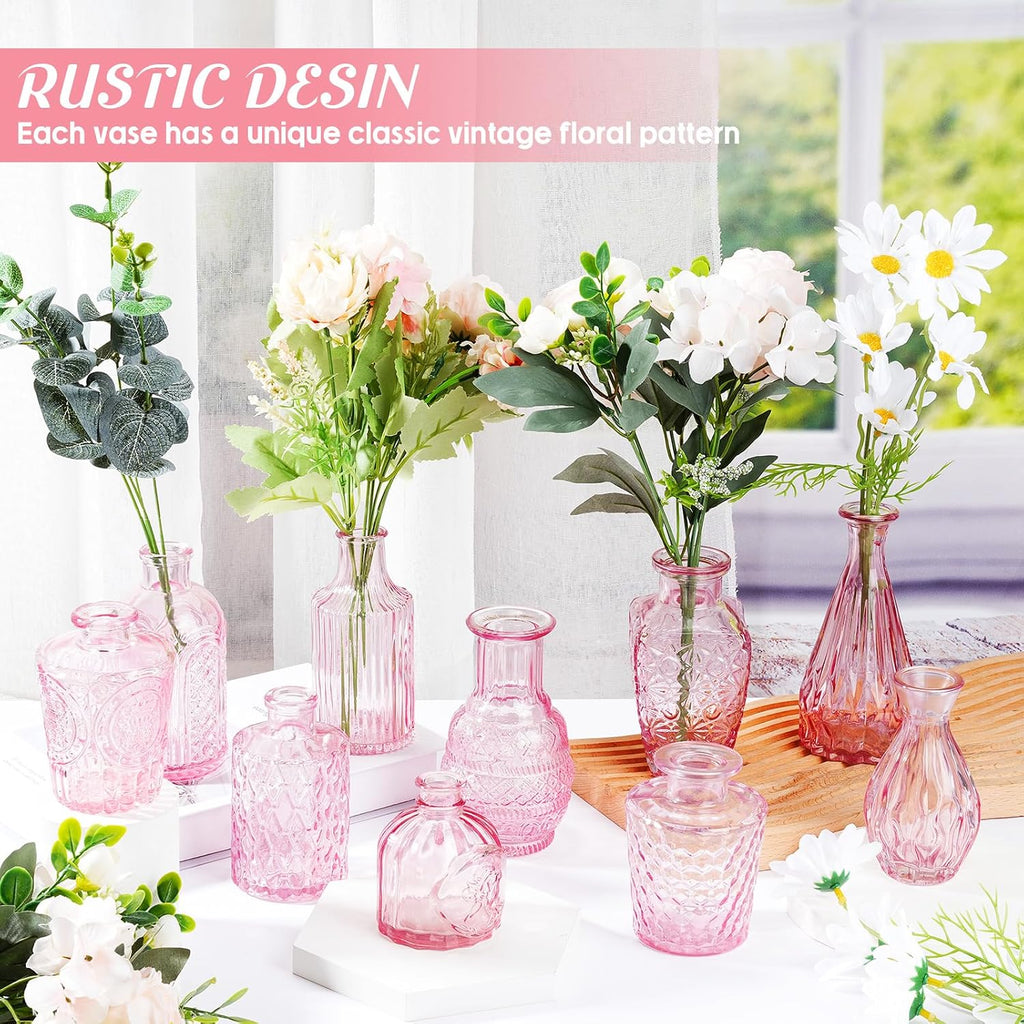 Inbagi 20 Pcs Glass Bud Vase Set - Pink Small Flower Vases Bulk, Vintage Embossed Decorative Bottles for Wedding Valentine Home Table Centerpieces Decor