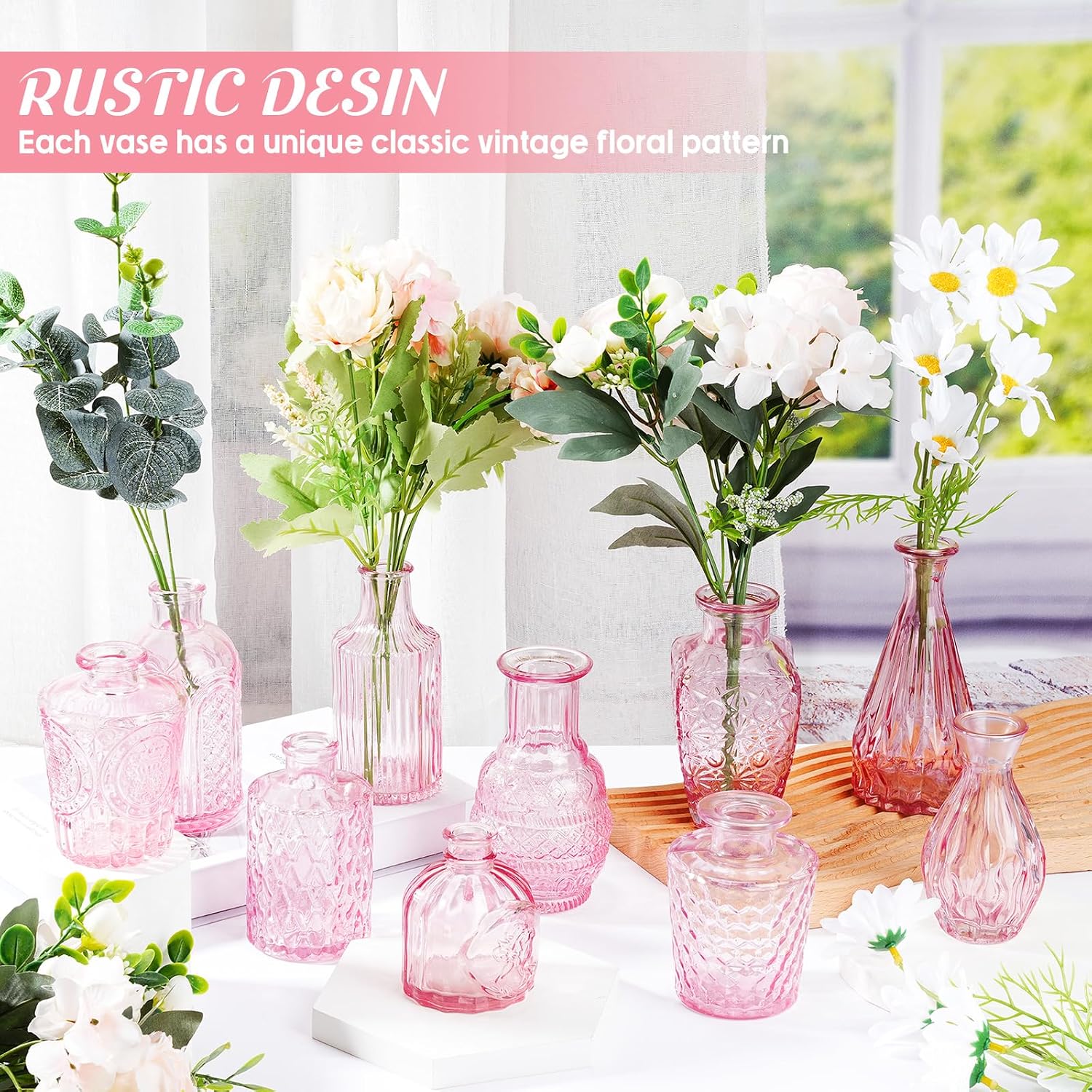 Inbagi 20 Pcs Glass Bud Vase Set - Pink Small Flower Vases Bulk, Vintage Embossed Decorative Bottles for Wedding Valentine Home Table Centerpieces Decor