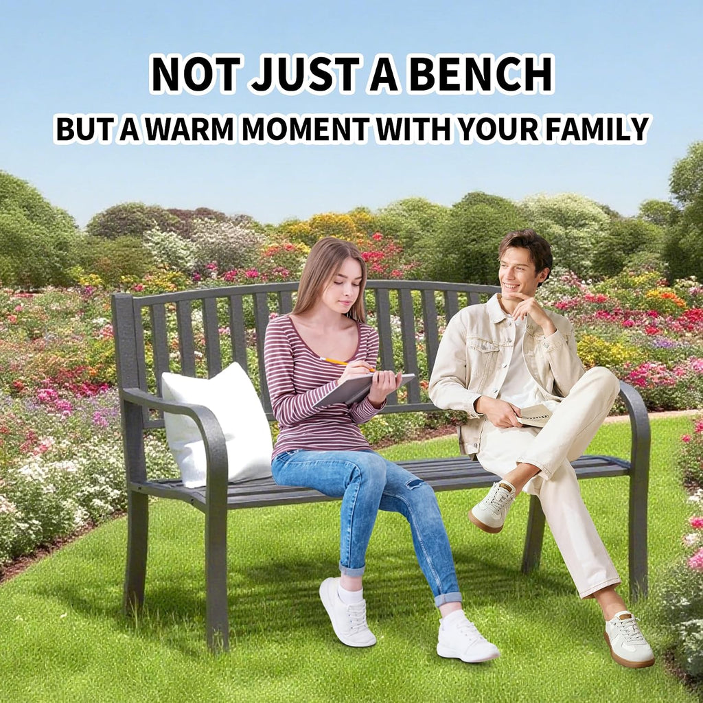 YLGJ&TIDY 50 Inches Garden Benches for Outdoor Patio Bench with Stripe Pattern Backrest Armrest Weatherproof Park Benches Metal Bench for Garden Park Porch Lawn Yard (Vertical Line)