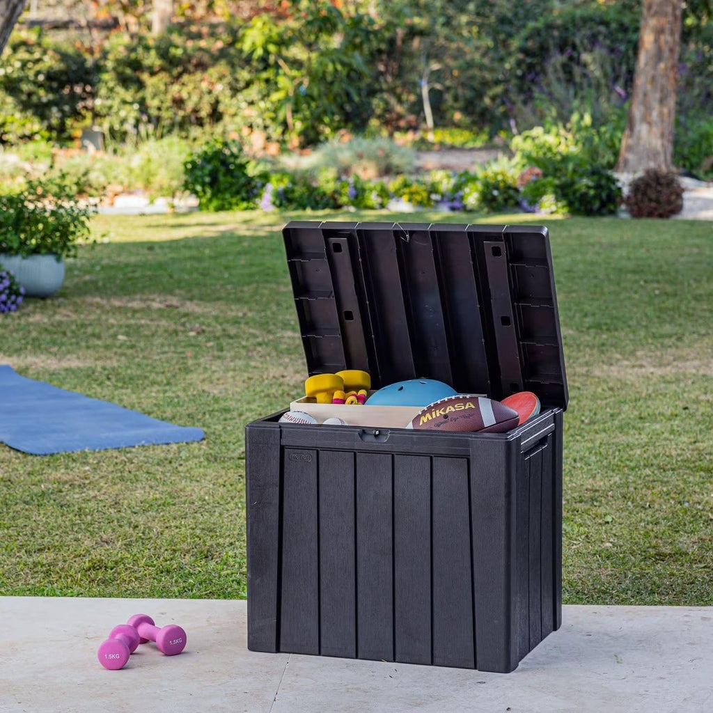 30 Gallon Outdoor Deck Box – Weather-Resistant Resin Patio Storage Table – Classic Wood-Look Cube Bench Seat for Garden Tools, BBQ Accessories & Cushions (Graphite)