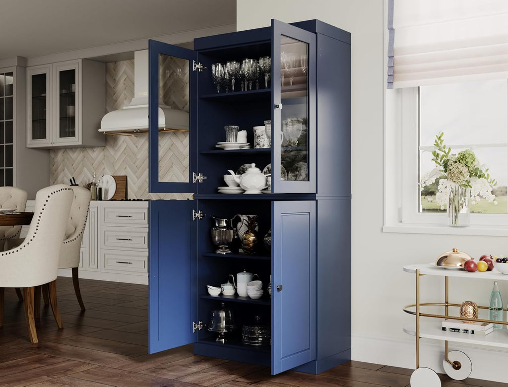 Palace Imports 100% Solid Wood 32"" Pantry Cabinet with Raised Panel, Clear Glass Doors & Adjustable Shelves