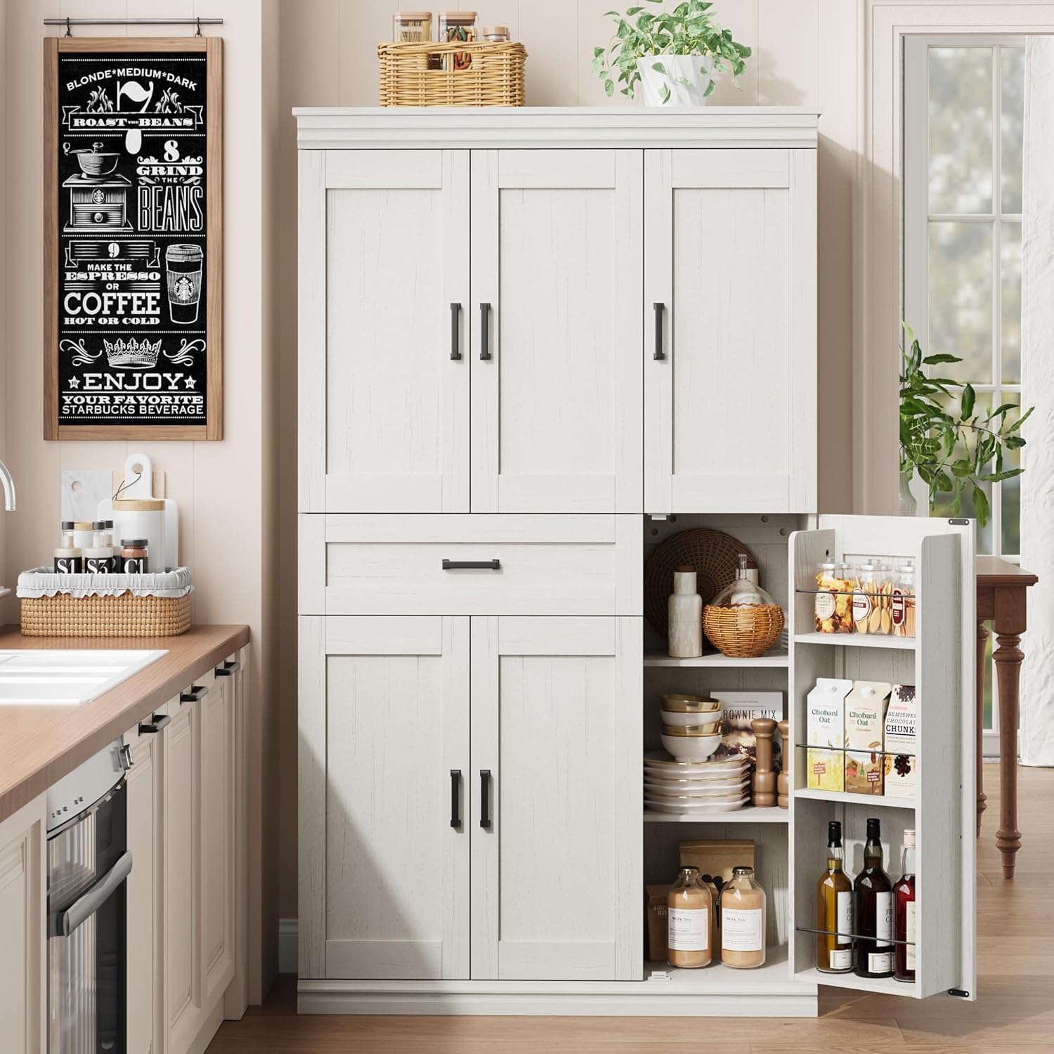 Garvee 70" Tall Kitchen Pantry Storage Cabinet, Modern Kitchen Hutch Cabinet with Doors and Shelves, Freestanding Food Pantry with Large Storage Drawer for Dining Room and Household Organization